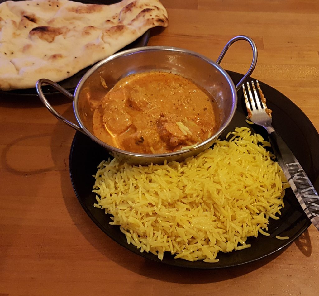 Chicken tikka masala with rice and cheesy naan bread Chimmyville